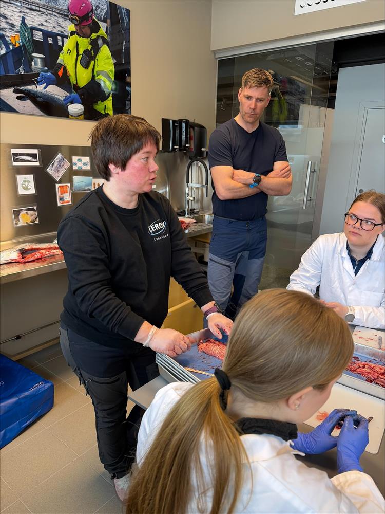 En voksen person demonstrerer og forklarer disseksjon av fisk til en gruppe elever som følger med rundt et arbeidsbord på besøkssenteret. - Klikk for stort bilde